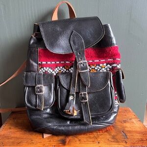 Vintage 70s Boho Genuine Leather Moroccan Carpet Backpack